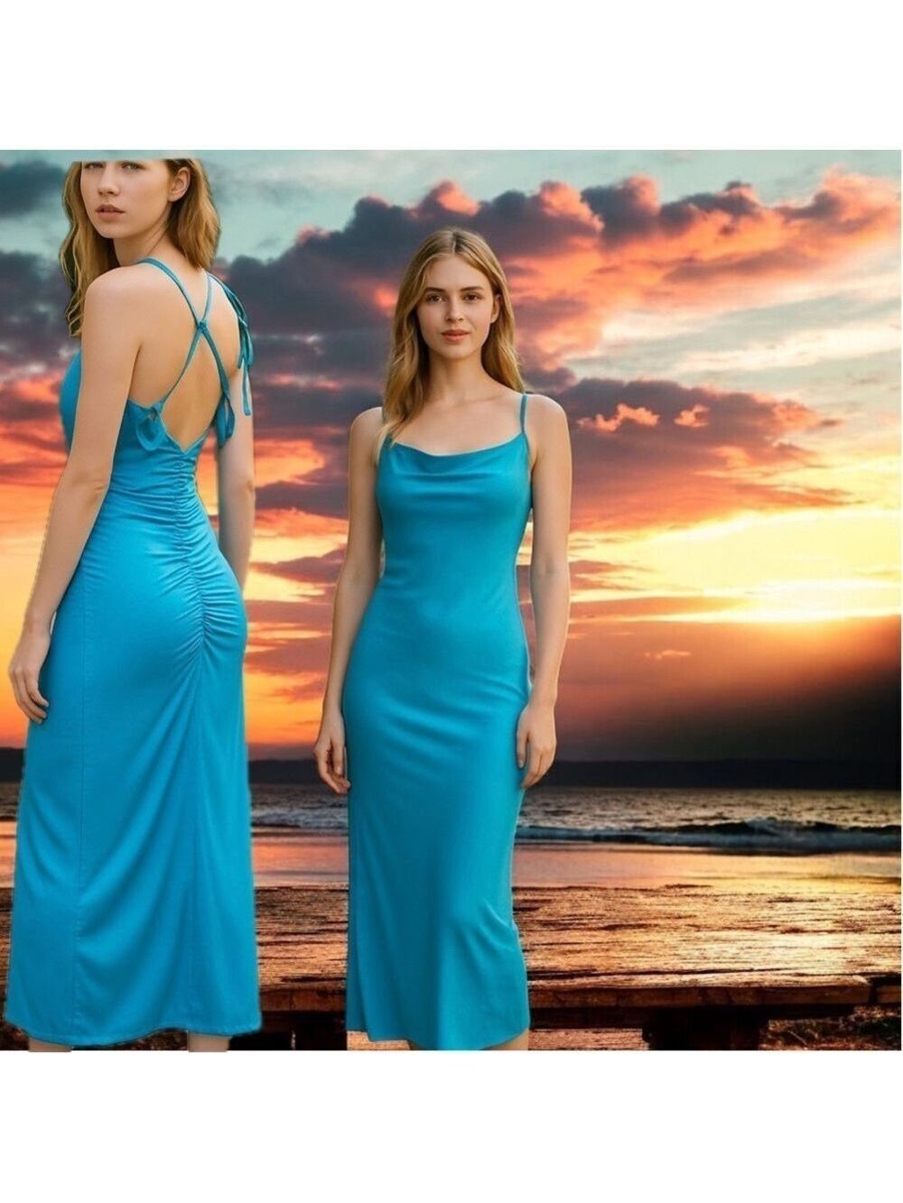 Blue ribbed spaghetti strap draped cowl neck open crisscross back ruched dress M